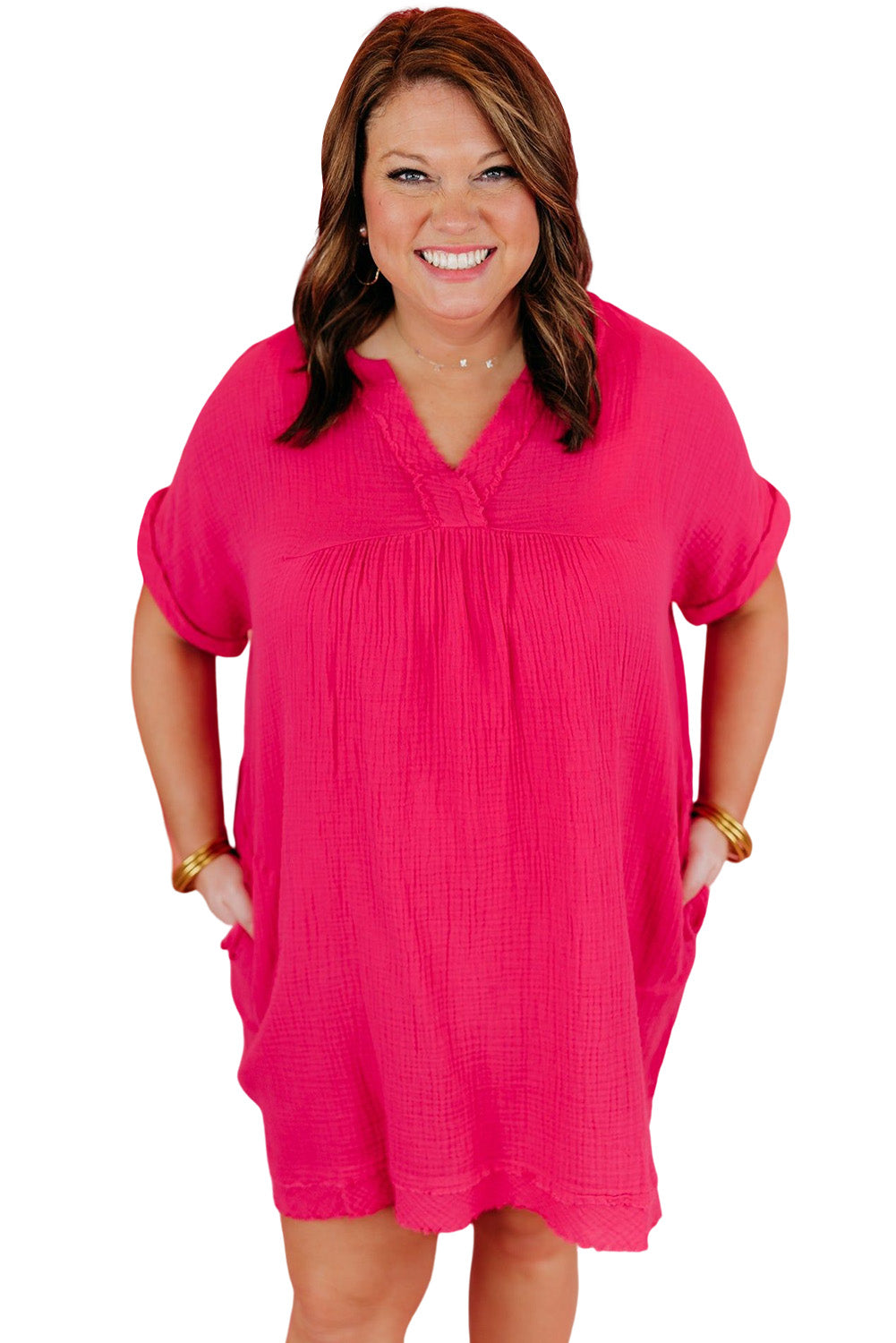 Rose Plus Size Ruched V Neck Pocket Short Sleeves Mini Dress Plus Size JT's Designer Fashion