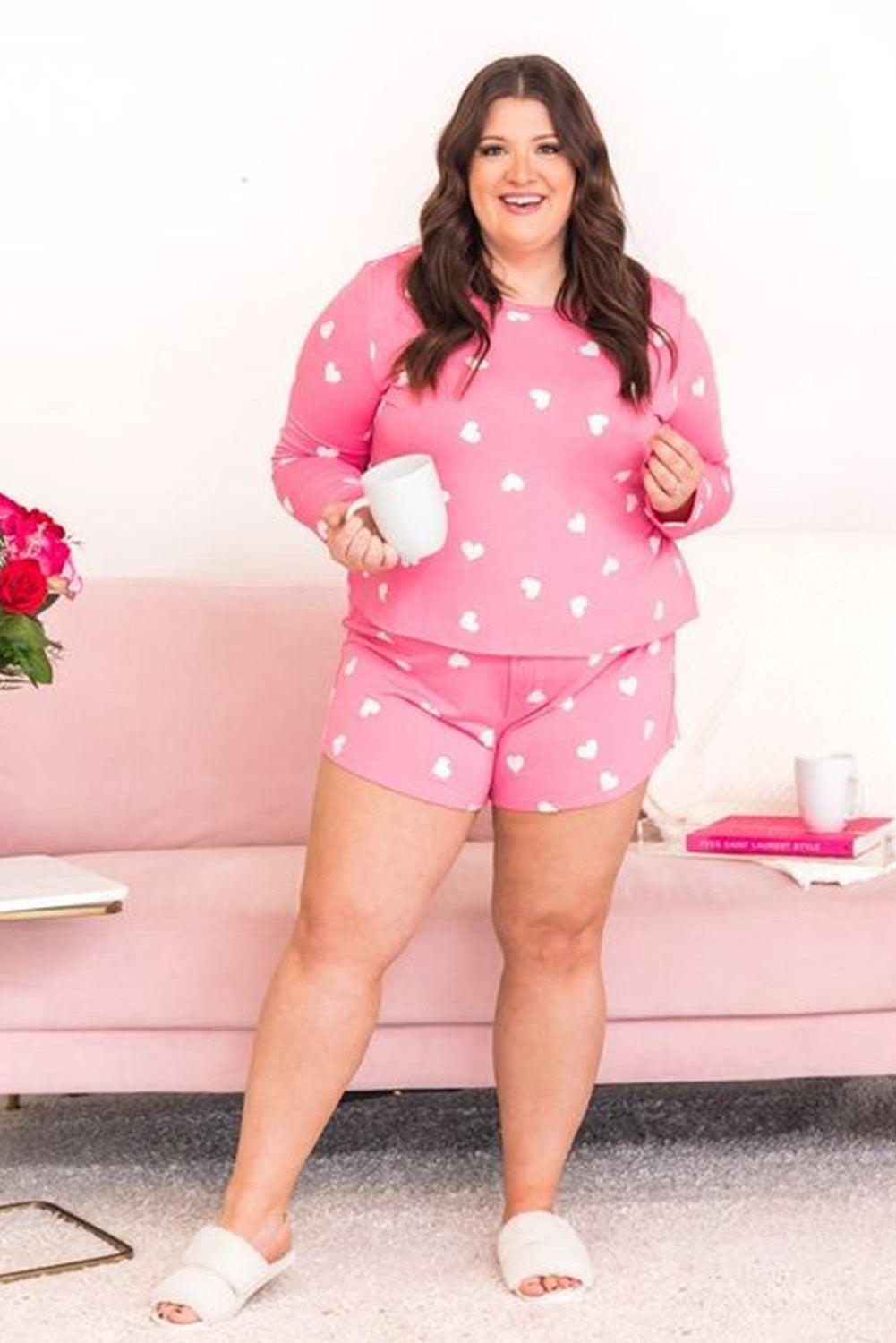 Pink Plus Size Allover Heart Print Long Sleeve Top and Shorts Plus Size JT's Designer Fashion