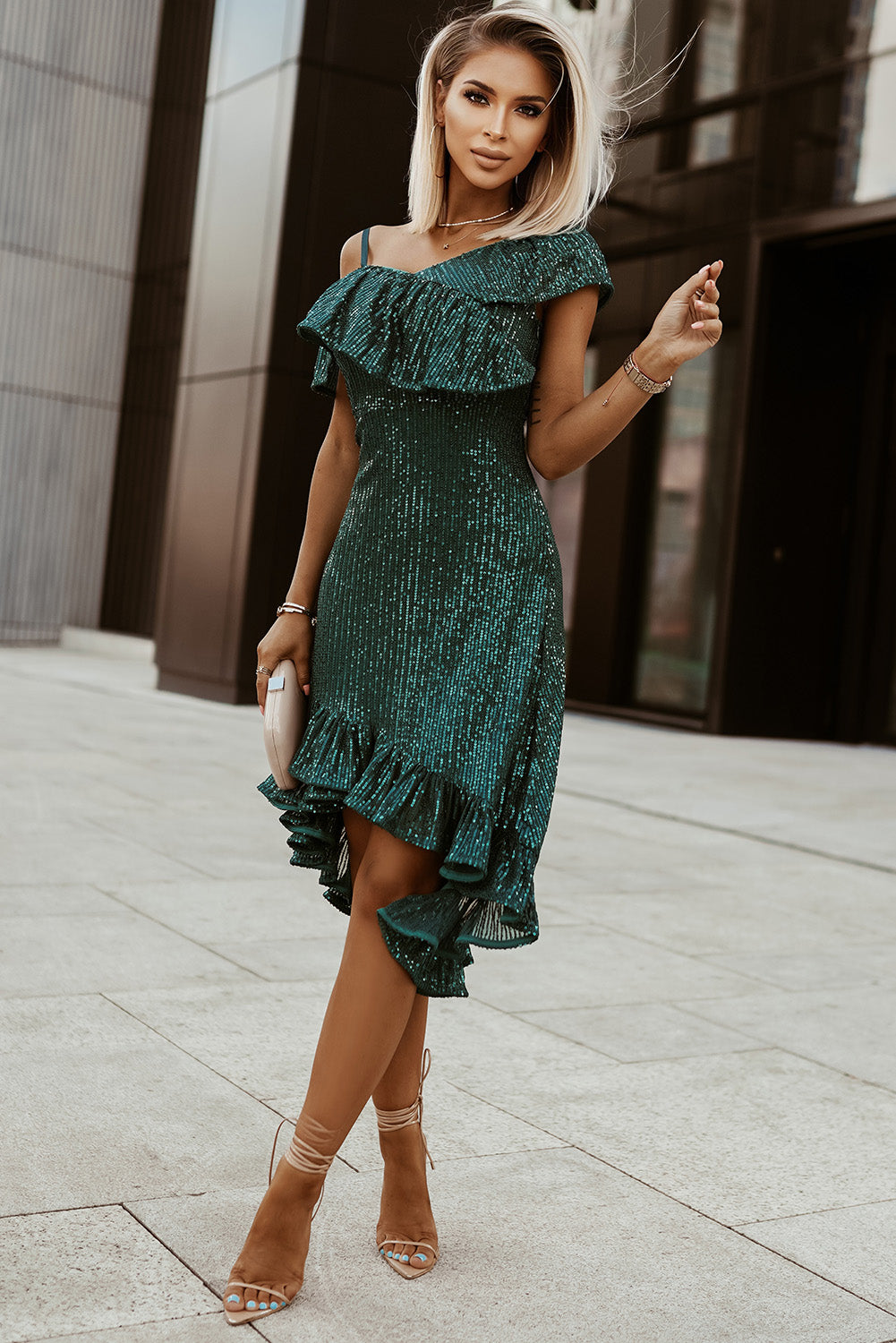 Green One-Shoulder Sling Ruffled Sequin Dress Sequin Dresses JT's Designer Fashion