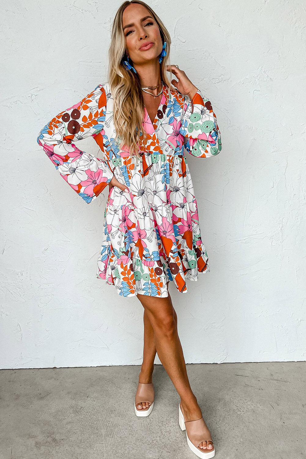 White Floral Long Sleeve V-Neck Ruffled Dress Dresses JT's Designer Fashion