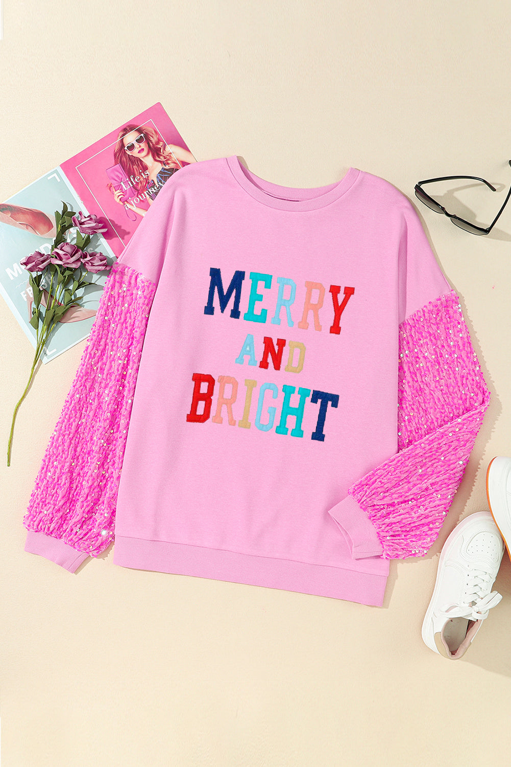 Pink MERRY AND BRIGHT Sequin Sleeve Sweatshirt Graphic Sweatshirts JT's Designer Fashion