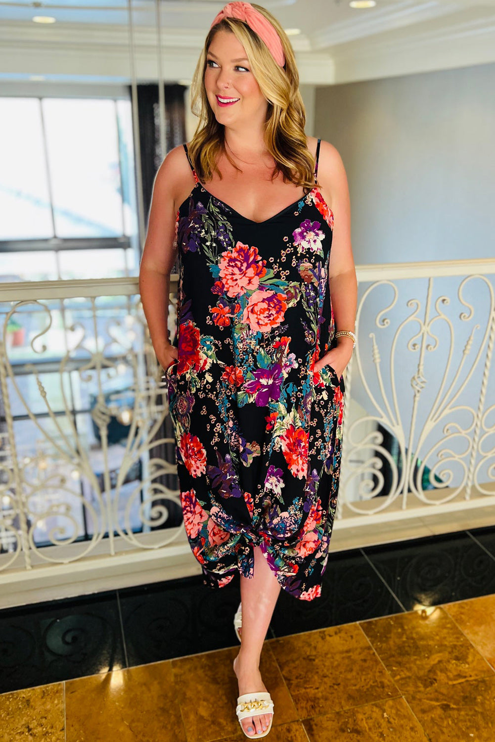 Black Plus Size Floral Print Thin Straps Maxi Dress Plus Size Dresses JT's Designer Fashion