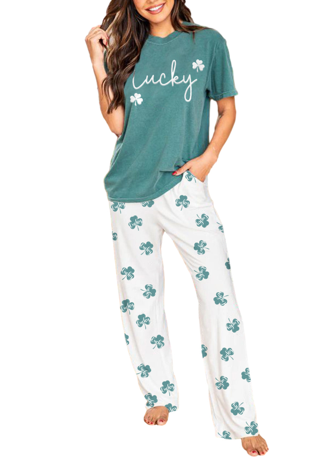 Sea Green Christmas Tree Print Tee and Pants Lounge Set Loungewear JT's Designer Fashion