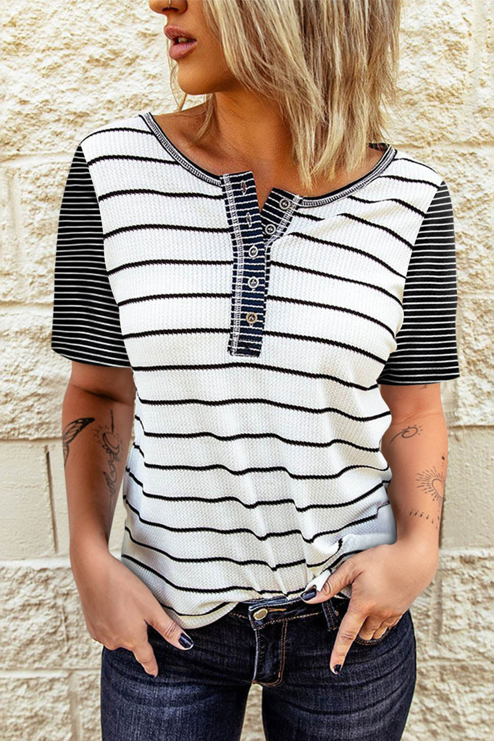 White Striped Colorblock Buttons T Shirt Tops & Tees JT's Designer Fashion