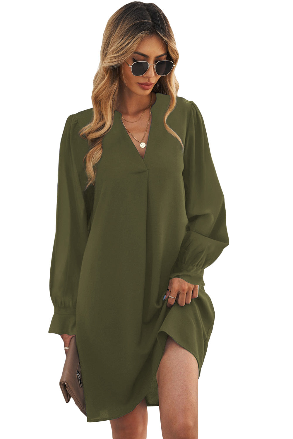 Green Split V Neck Ruffled Sleeves Shirt Dress Mini Dresses JT's Designer Fashion