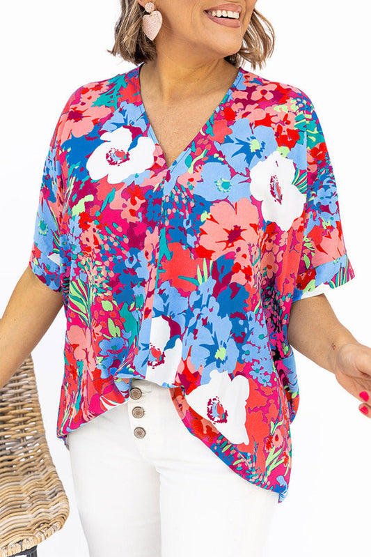 Sky Blue Multicolor V Neck Dolman Sleeve Plus Size Floral Blouse Plus Size JT's Designer Fashion