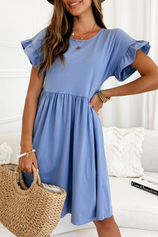 Sky Blue Round Neck Ruffle Sleeve Loose Dress Mini Dresses JT's Designer Fashion