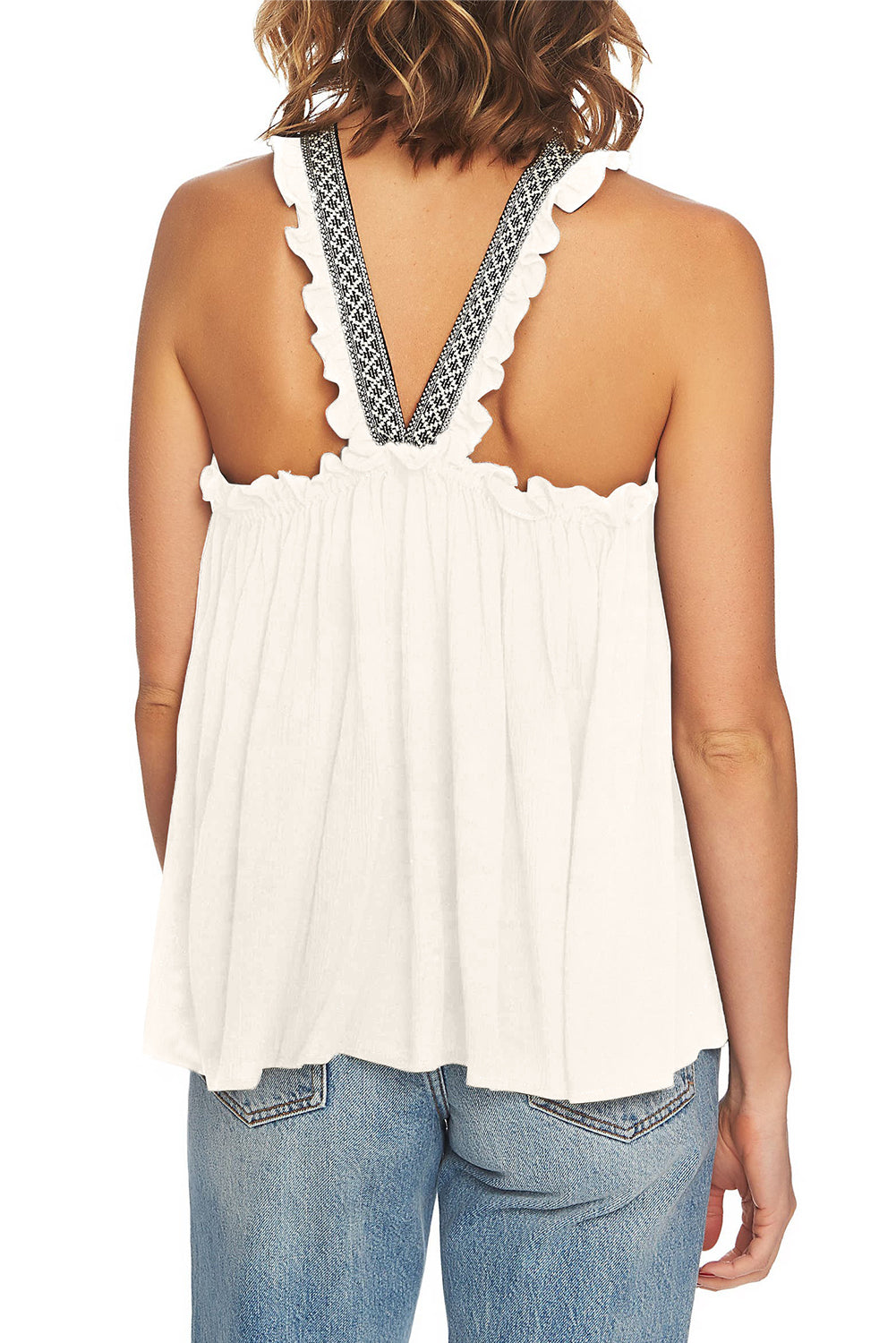 Beige Frilled Halter Neck Crinkle Babydoll Tank Top Tank Tops JT's Designer Fashion