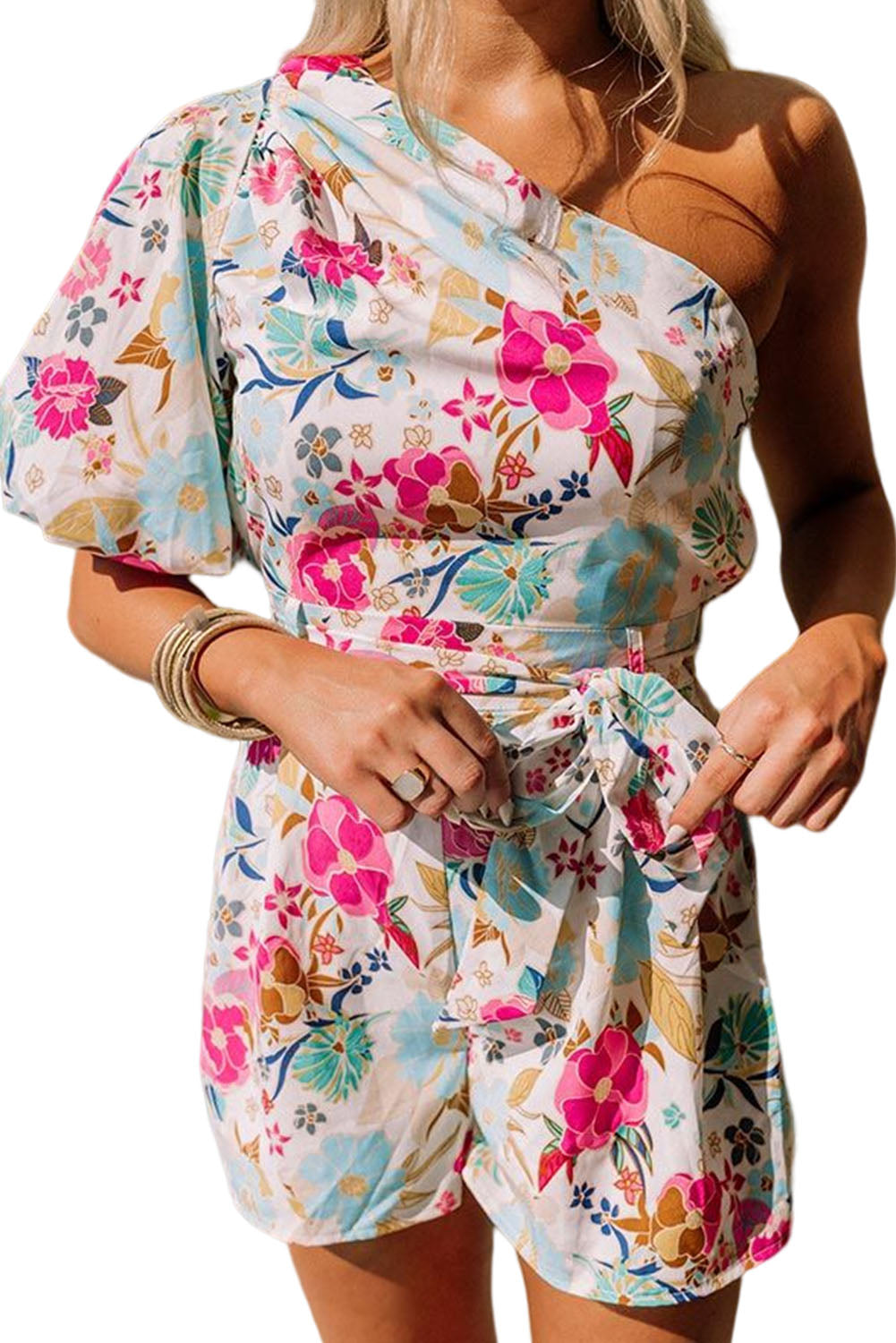 White Floral Single Bubble Sleeve Slant Shoulder Romper Jumpsuits & Rompers JT's Designer Fashion