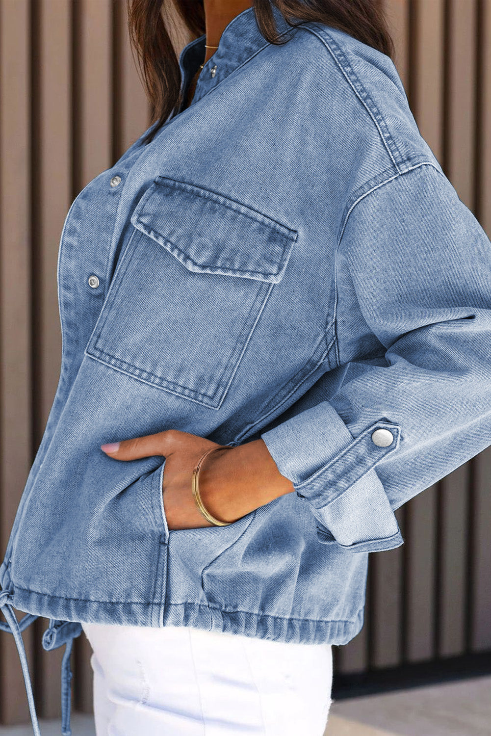 Sky Blue Roll-Up Tab Sleeve Snap Button Pocket Denim Jacket Denim jackets JT's Designer Fashion