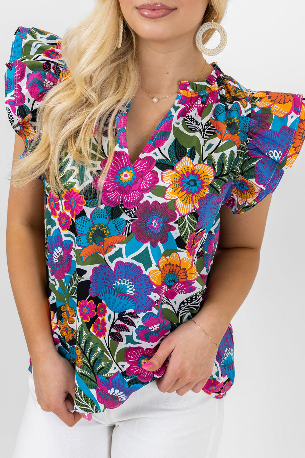 Multicolor Ruffled Flutter Sleeve Floral Print Blouse Multicolor 100%Polyester Blouses & Shirts JT's Designer Fashion