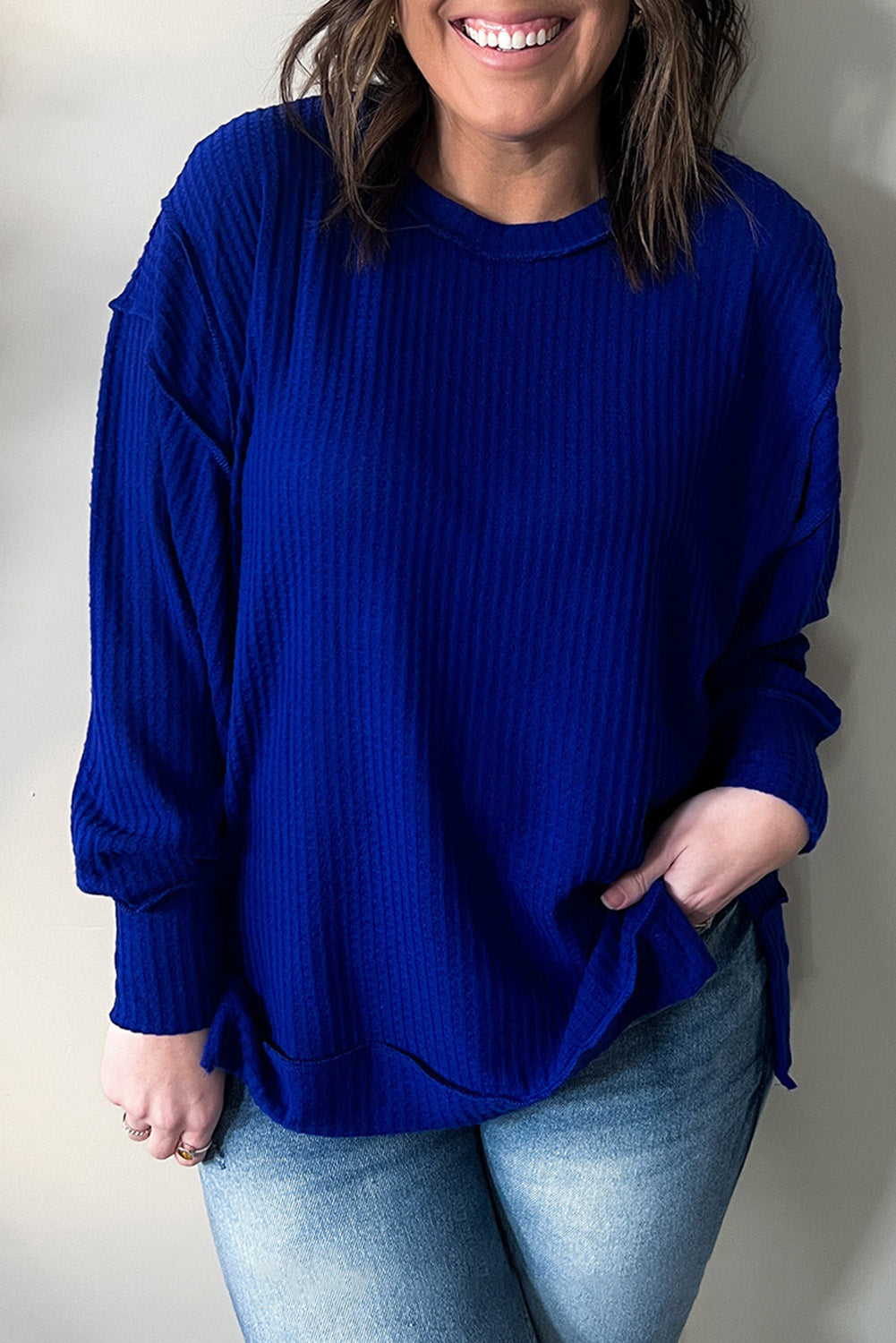 Blue Plus Size Waffle Knit Oversized Exposed Seam Top Plus Size JT's Designer Fashion