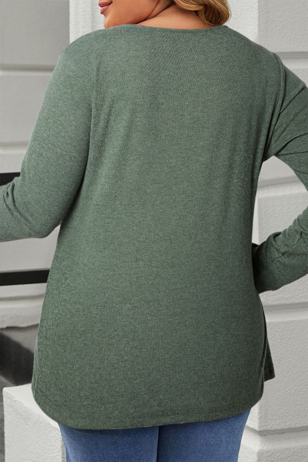 Mist Green Plus Size Buttons Front Long Sleeve Knit Tee Plus Size JT's Designer Fashion