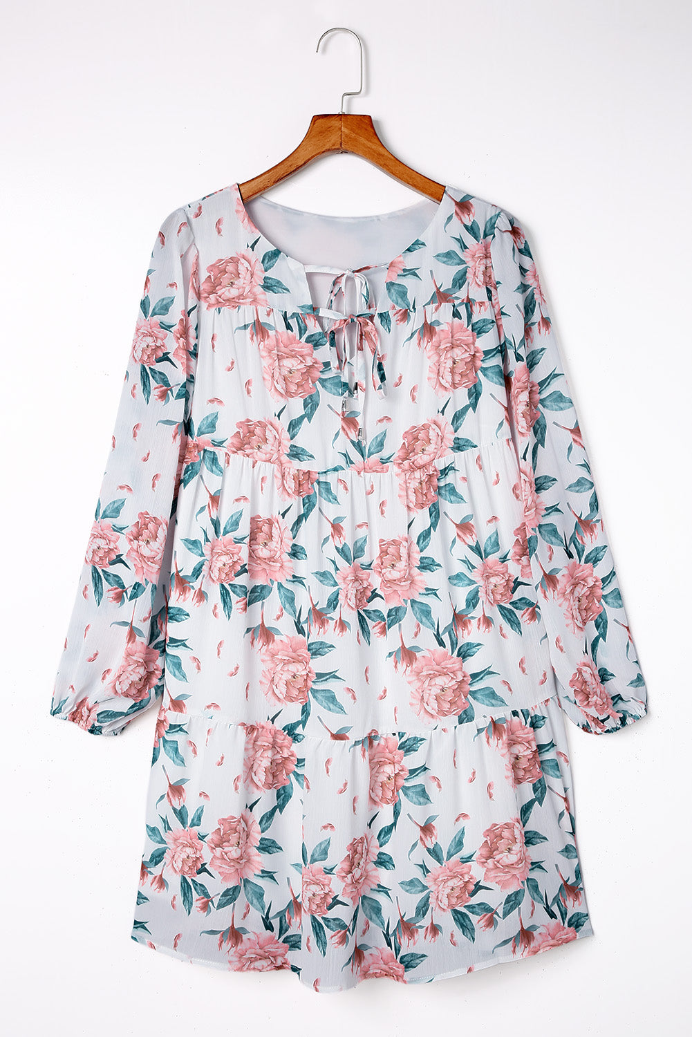 White Loose Bubble Sleeves Floral Print Dress Floral Dresses JT's Designer Fashion