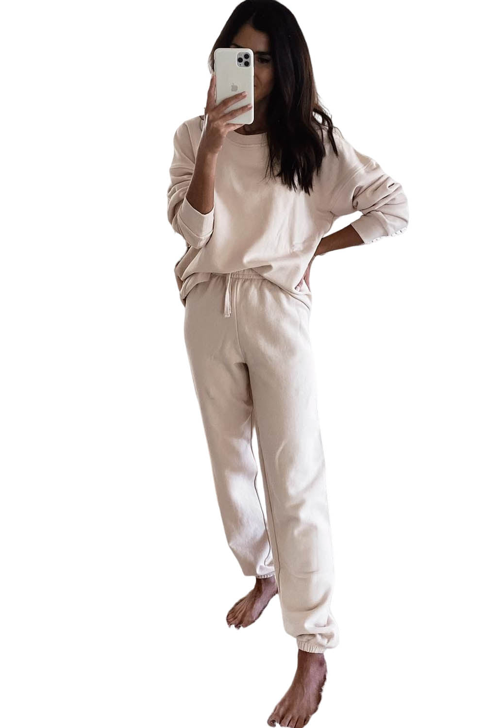 Beige Solid Long Sleeve Drawstring Two Piece Set Loungewear JT's Designer Fashion