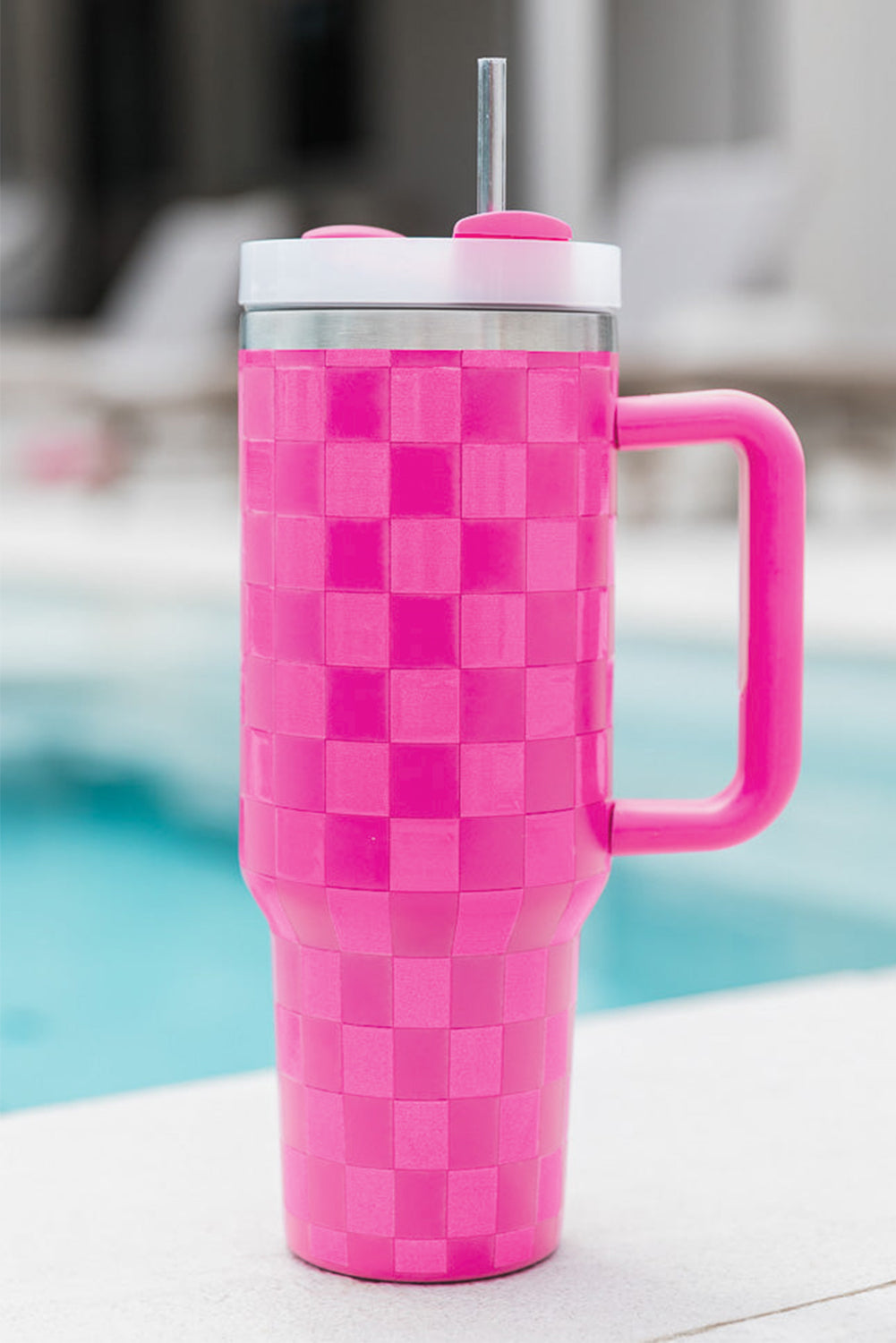 Dark Pink Checkered Print Handled Stainless Steel Tumbler Cup 40oz Tumblers JT's Designer Fashion