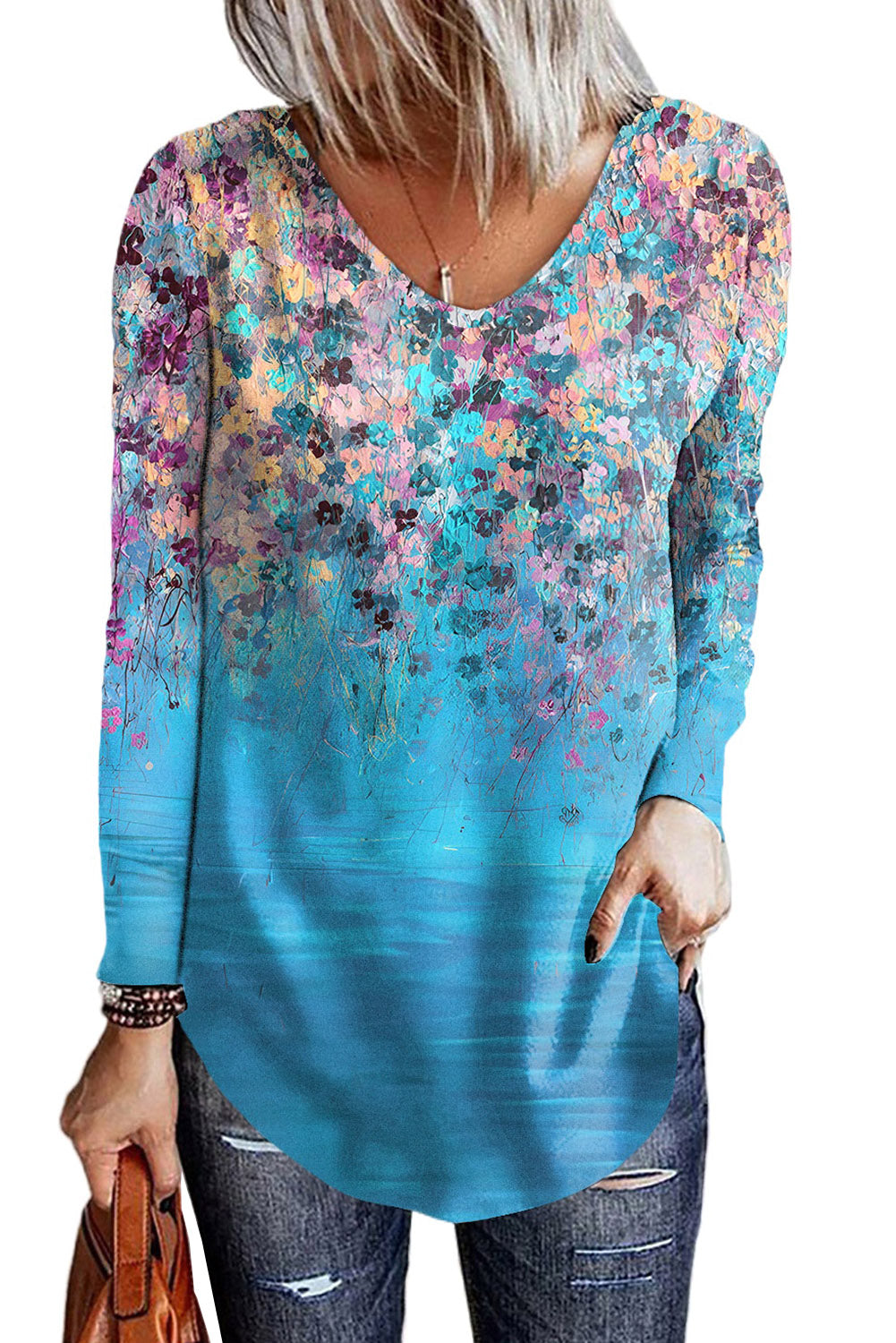 Sky Blue Fancy Floral Print Casual Long Sleeve Top Tops & Tees JT's Designer Fashion