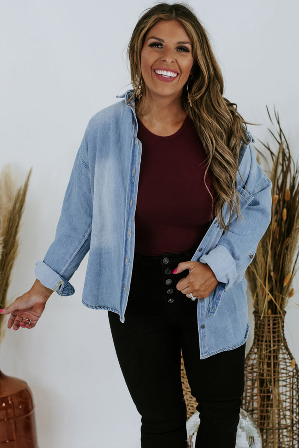 Sky Blue Plus Size Chest Pocket Button-Up Denim Shacket Plus Size JT's Designer Fashion