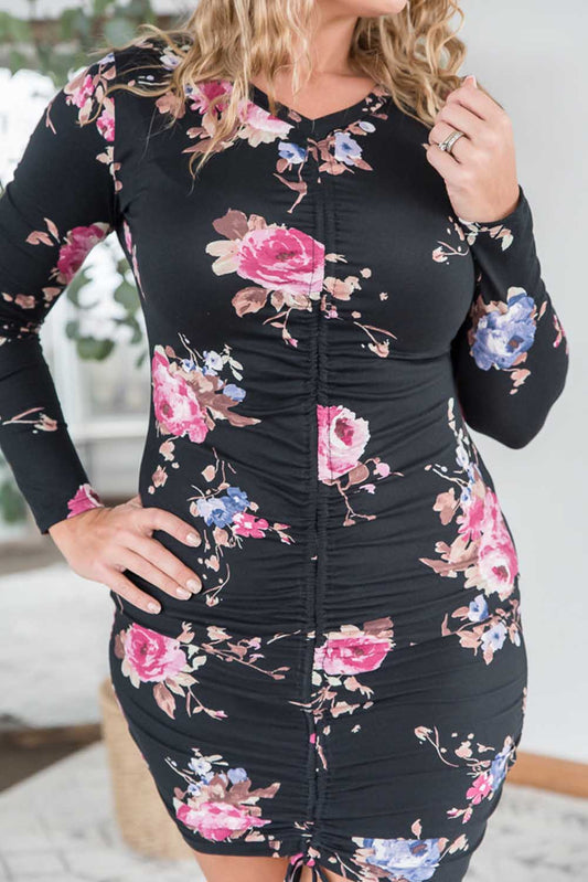 Black Plus Size Floral Drawstring Ruched Bodycon Dress Plus Size JT's Designer Fashion