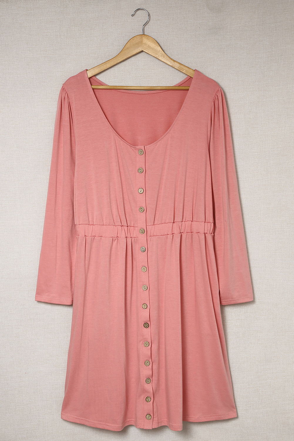 Pink Solid Button Front Plus Size Long Sleeve Dress Plus Size Dresses JT's Designer Fashion