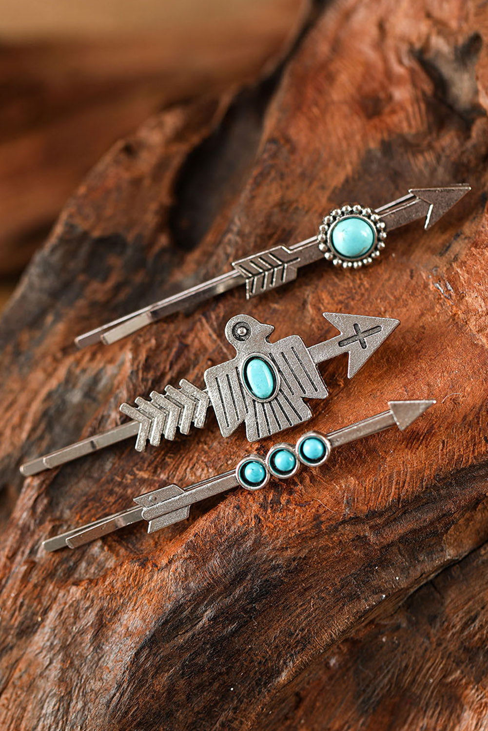 Silvery Retro Turquoise Arrow Western Hair Clips Set Headwear JT's Designer Fashion