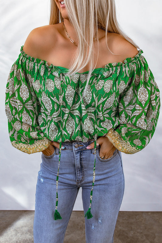 Green Floral Print Tassel Tie Off Shoulder Blouse Blouses & Shirts JT's Designer Fashion