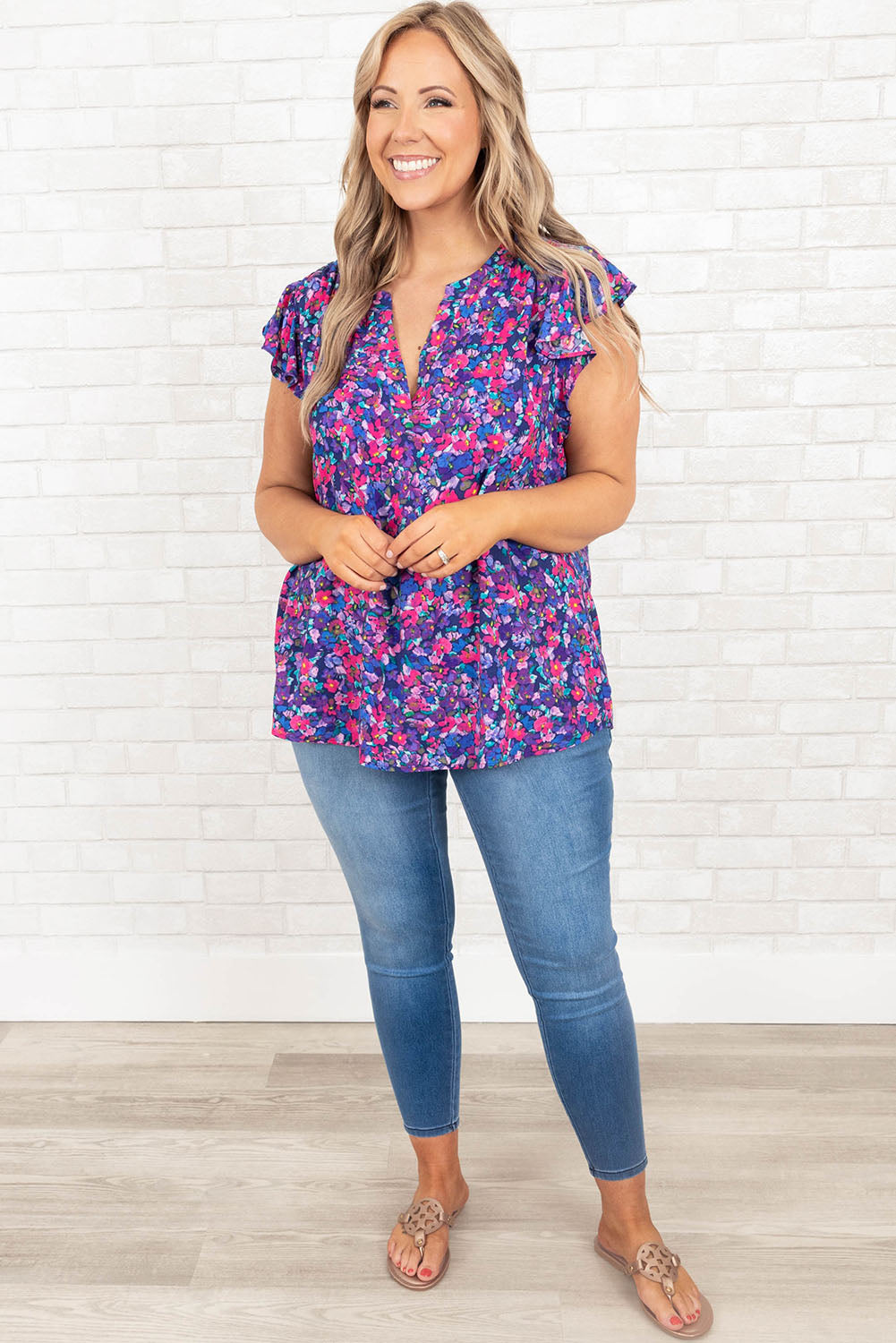 Purple Plus Size Floral Print Ruffle Sleeve Blouse Plus Size Tops JT's Designer Fashion