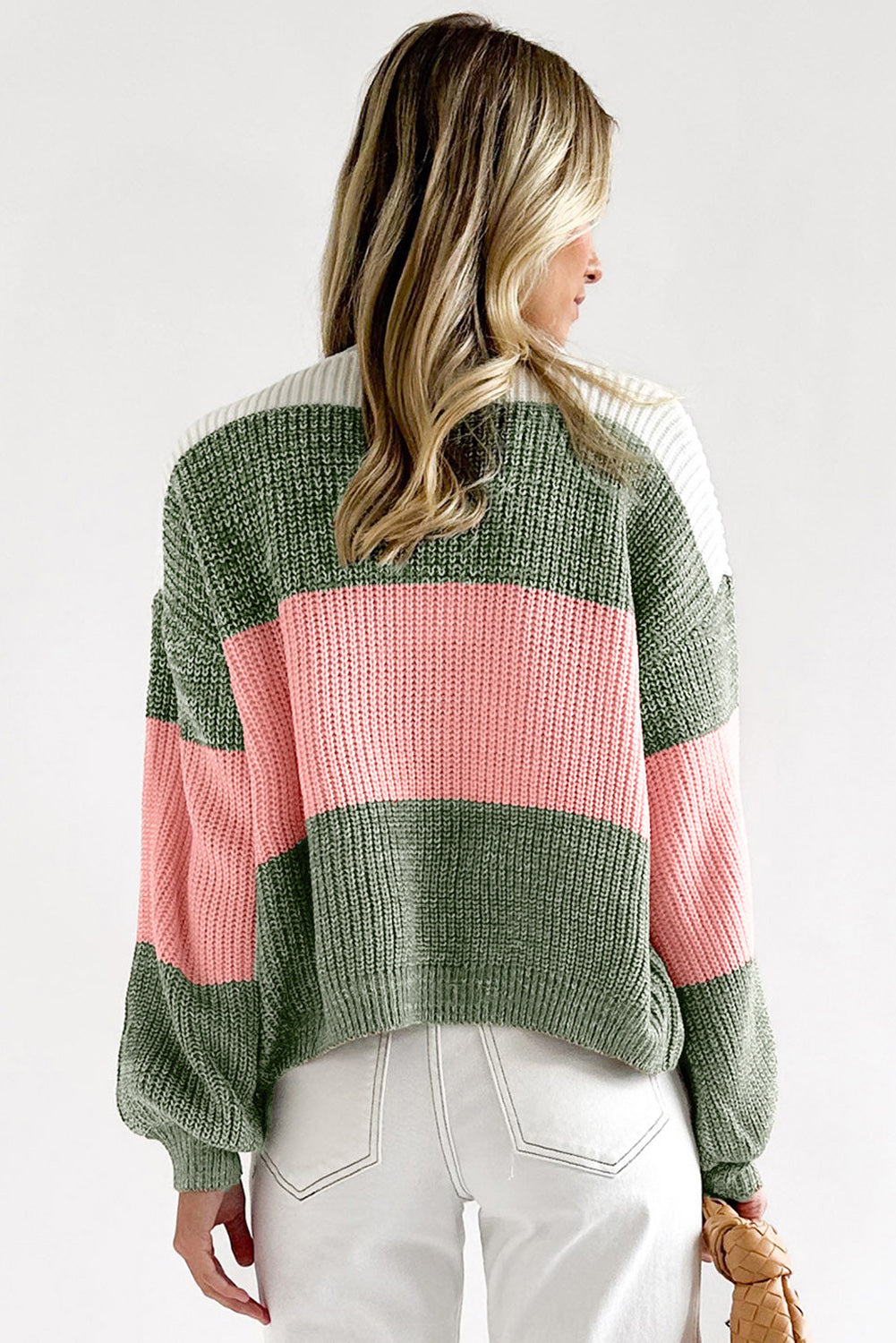 Green-2 Pink Colorblock Drop Shoulder Pullover Loose Sweater Pre Order Sweaters & Cardigans JT's Designer Fashion