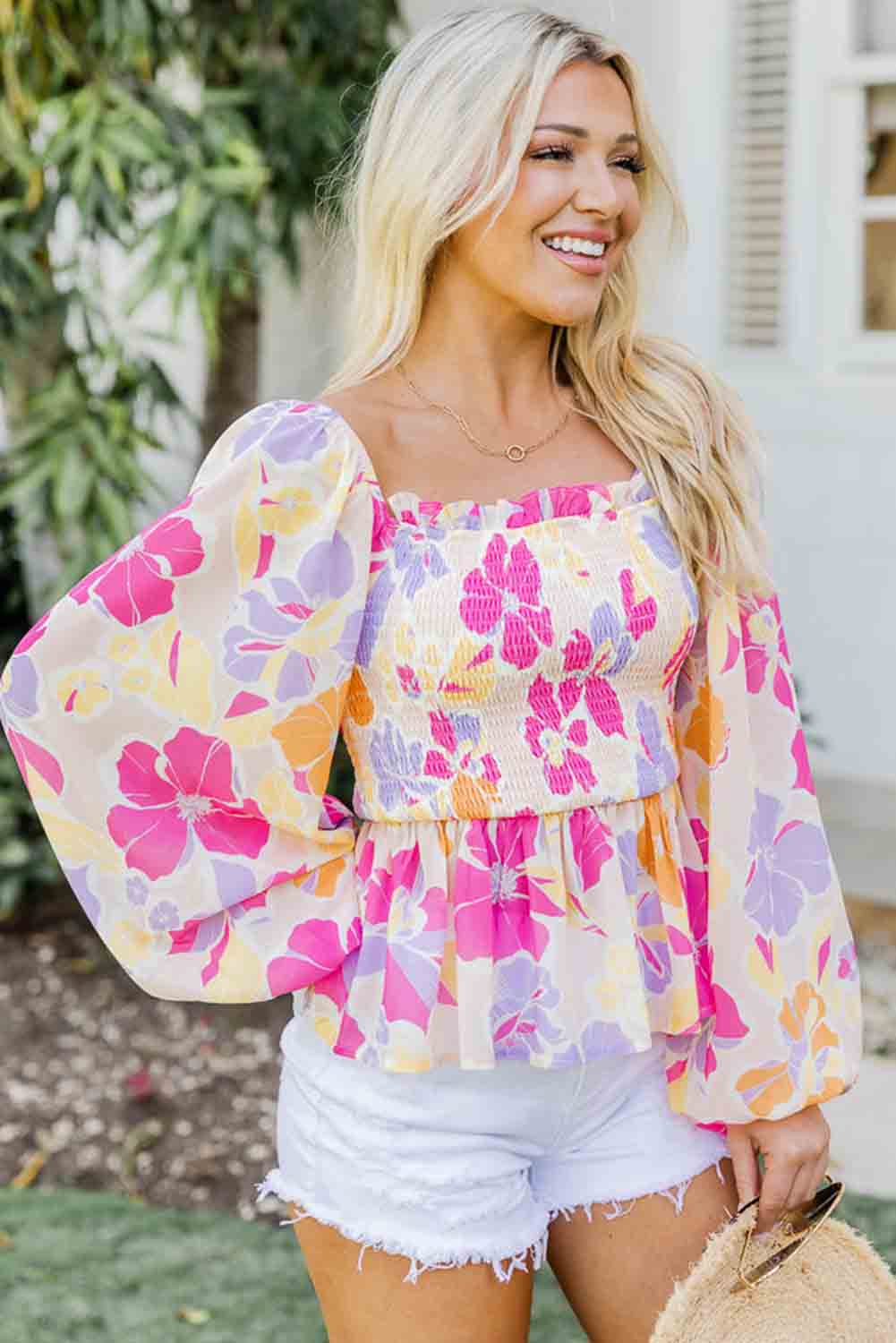 Pink Floral Frill Square Neck Long Sleeve Smock Peplum Blouse Tops & Tees JT's Designer Fashion