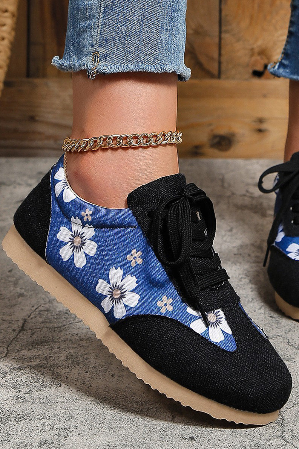 Black Floral Patchwork Lace-up Linen Sneakers Women's Shoes JT's Designer Fashion