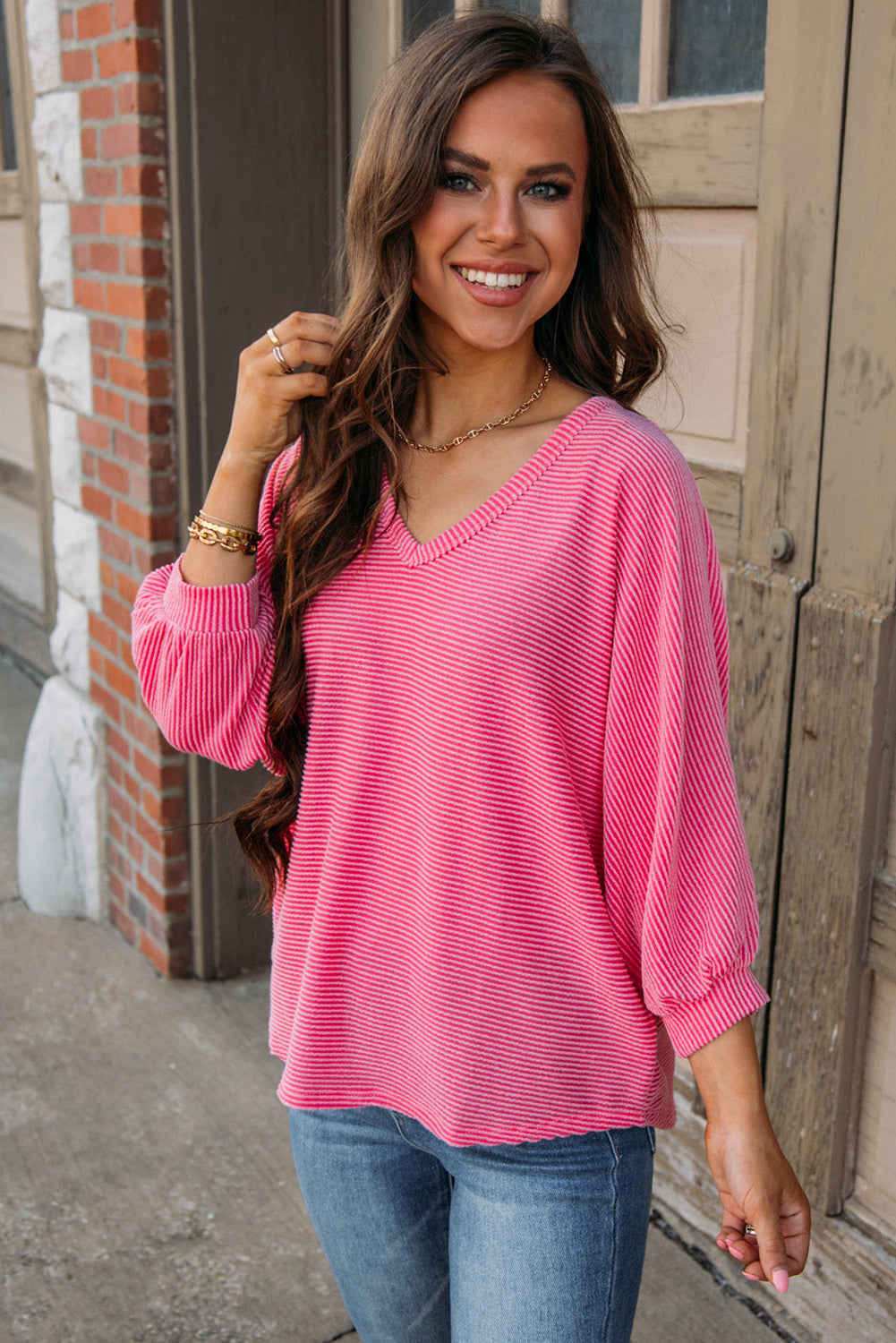 Strawberry Pink Striped Print Bracelet Sleeve V Neck Top Tops & Tees JT's Designer Fashion