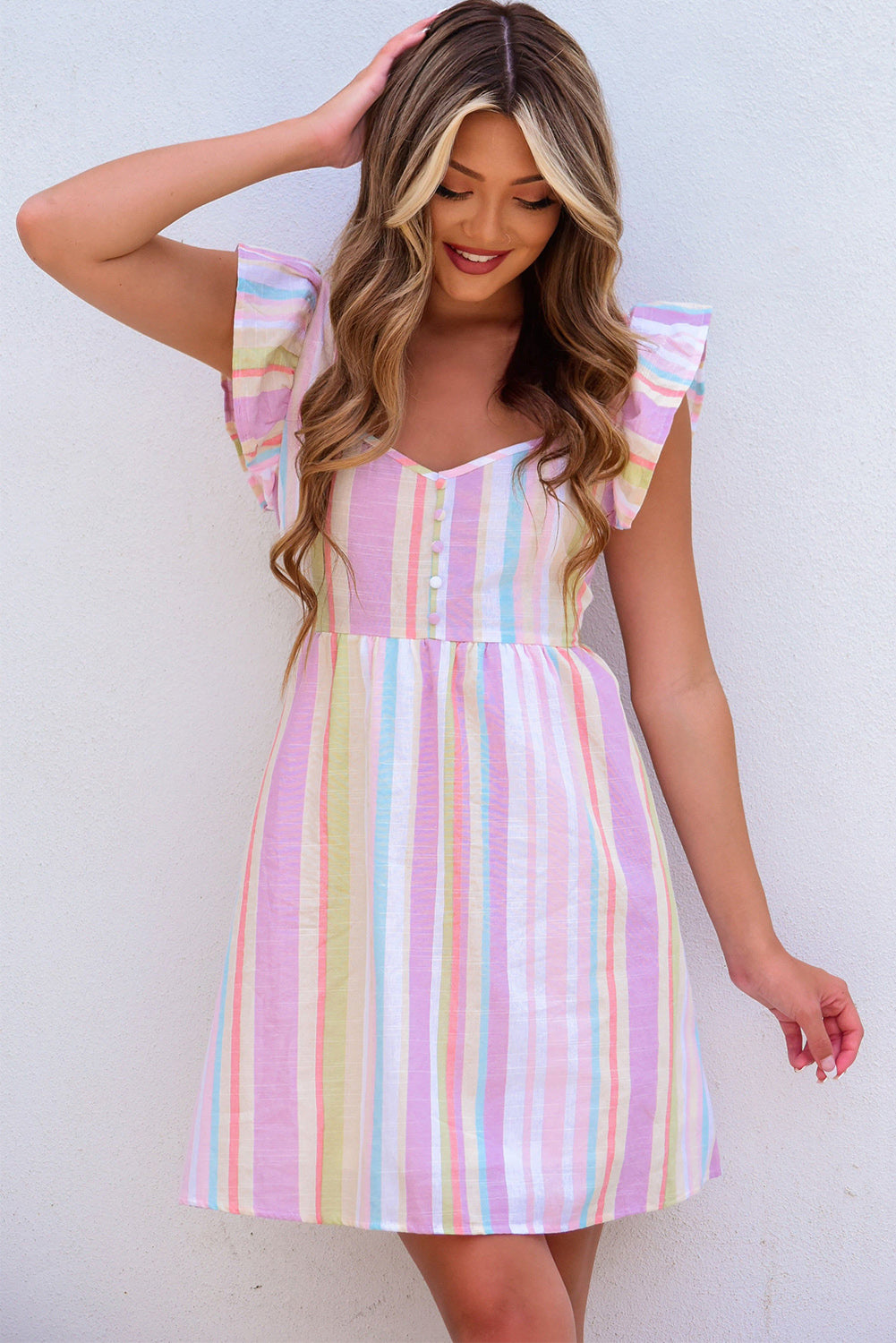 Pink Striped Button Sweetheart Flutter Sleeve Dress Mini Dresses JT's Designer Fashion