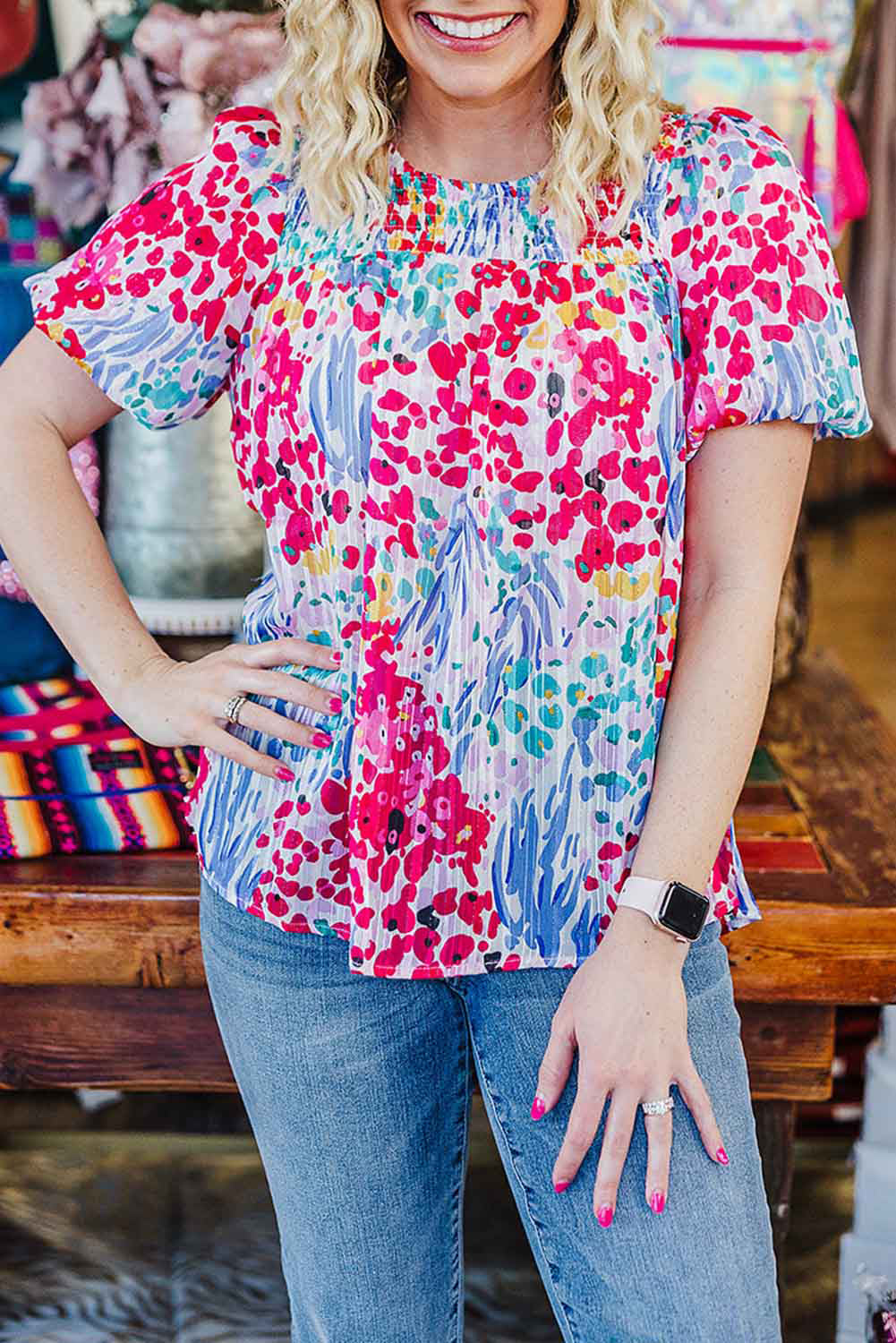 Multicolor Floral Print Shirred Puff Sleeve Plus Size Blouse Plus Size JT's Designer Fashion