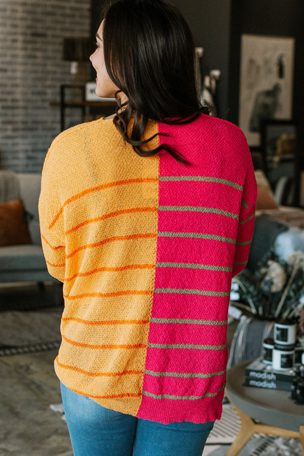 Yellow Red Striped Knit Chest Pocketed Plus Size Sweater Plus Size JT's Designer Fashion