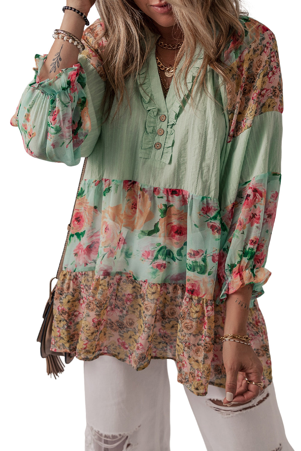 Green Printed Floral Patchwork Frilled Split Neck Blouse Tops & Tees JT's Designer Fashion