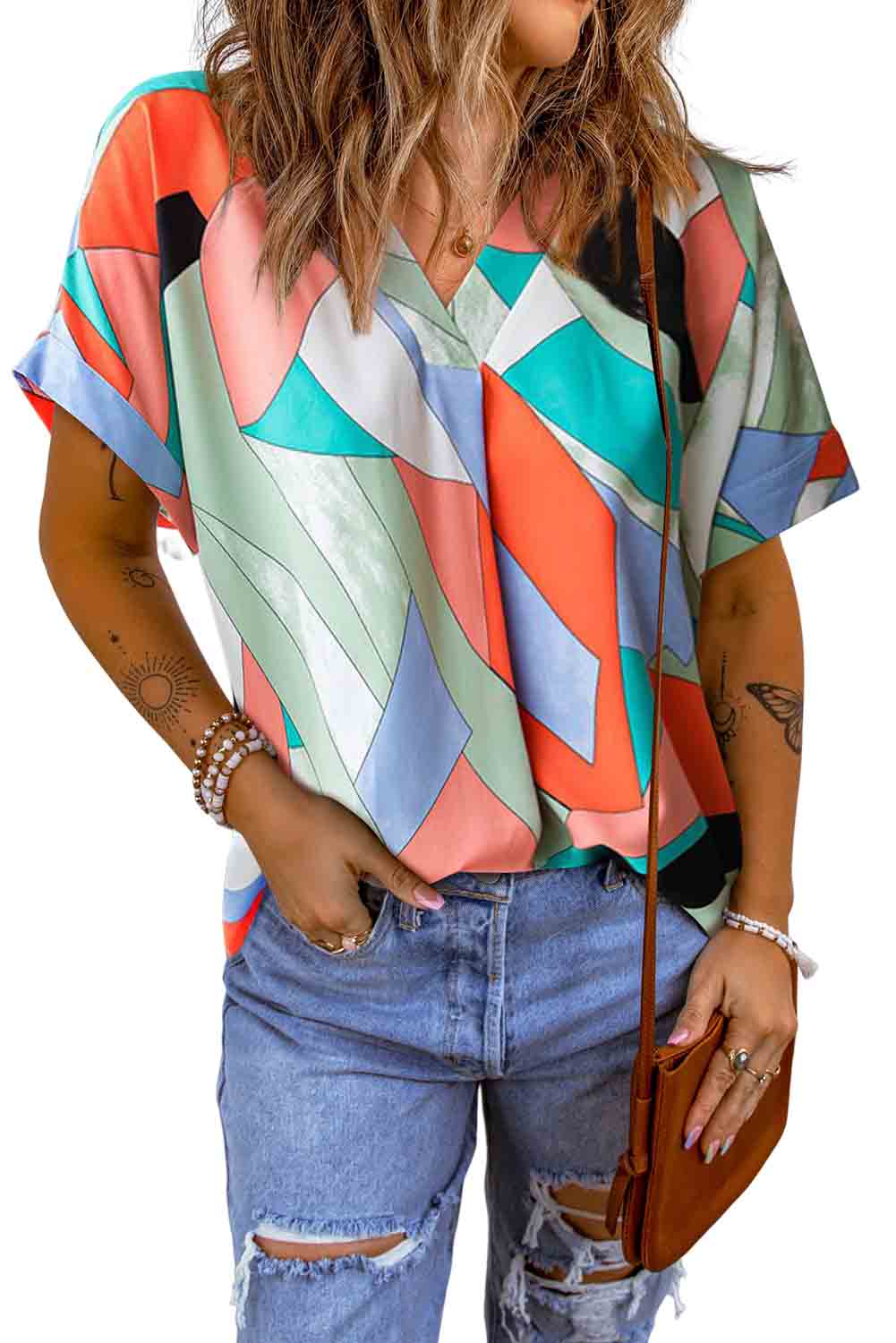 Multicolor Irregular Color Block Printed Short Sleeve Blouse Tops & Tees JT's Designer Fashion