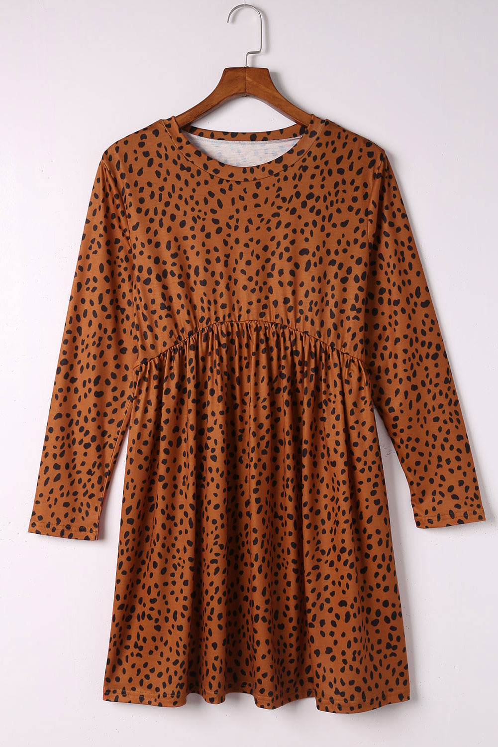 Brown Leopard Long Sleeve Babydoll Dress Mini Dresses JT's Designer Fashion