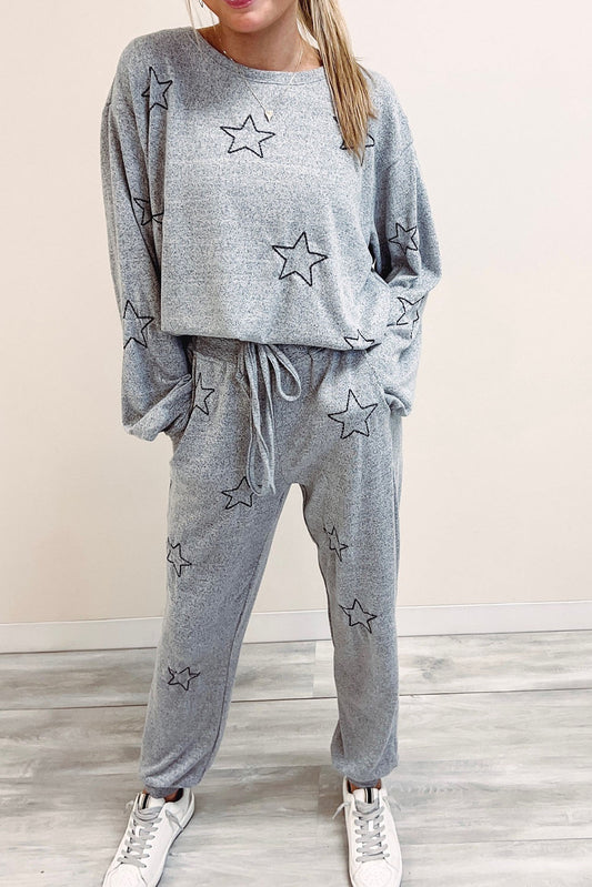 Gray Stars Print Long Sleeve Drawstring High Waist Lounge Set Bottoms JT's Designer Fashion