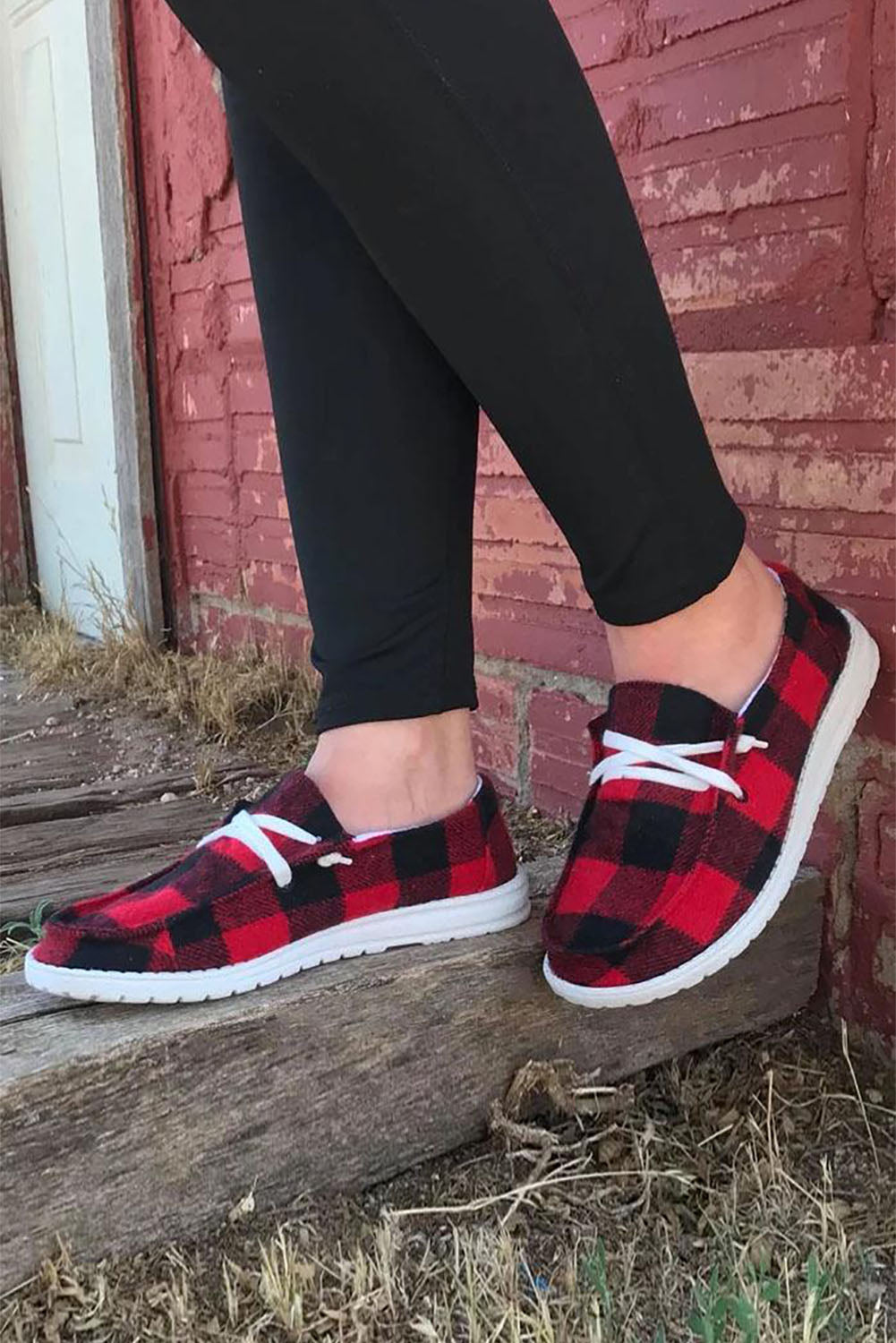 Red Vintage Plaid Lace Up Flat Shoes Women's Shoes JT's Designer Fashion