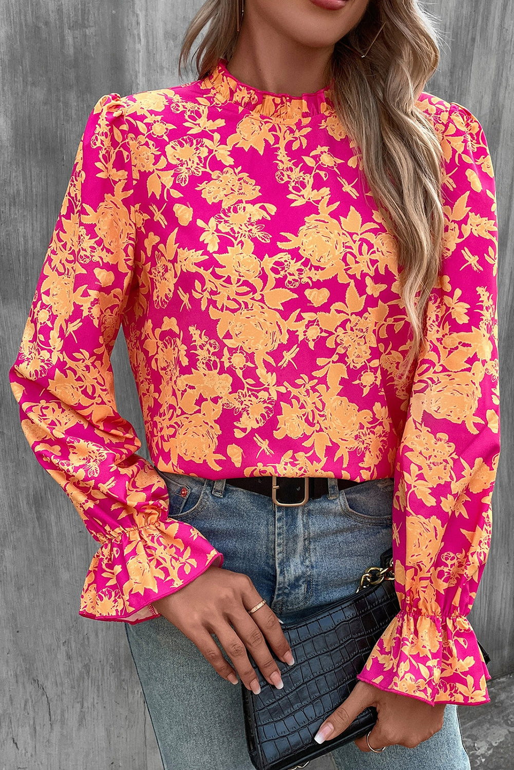 Rose Red Floral Print Frilled Neckline Flounce Sleeve Blouse Tops & Tees JT's Designer Fashion