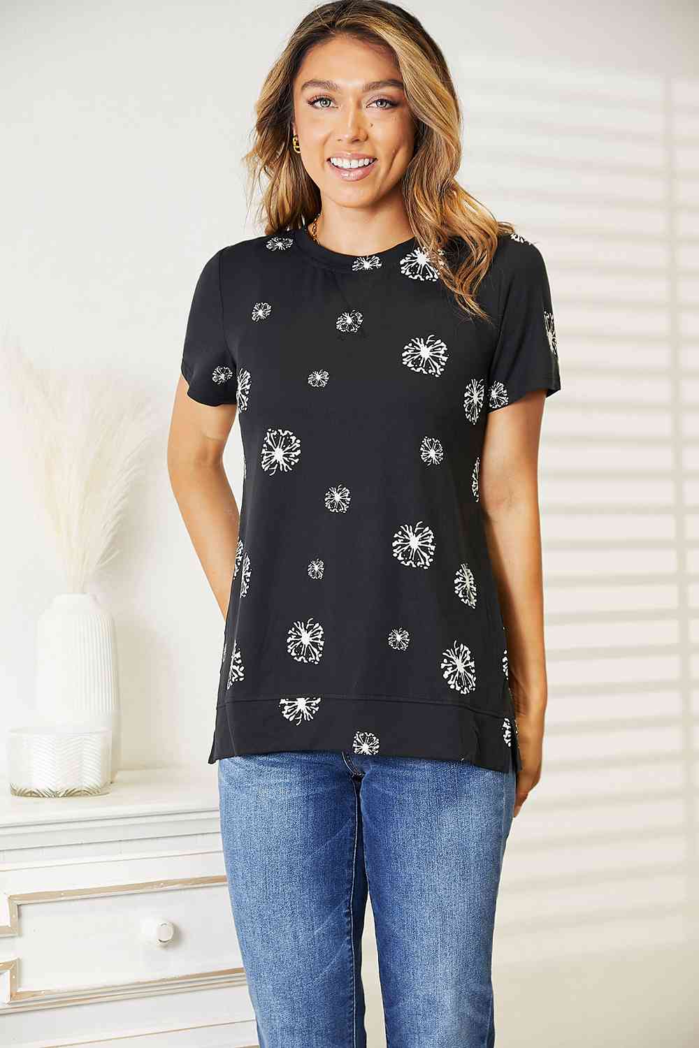 Double Take Dandelion Print Round Neck T-Shirt Tops & Tees JT's Designer Fashion