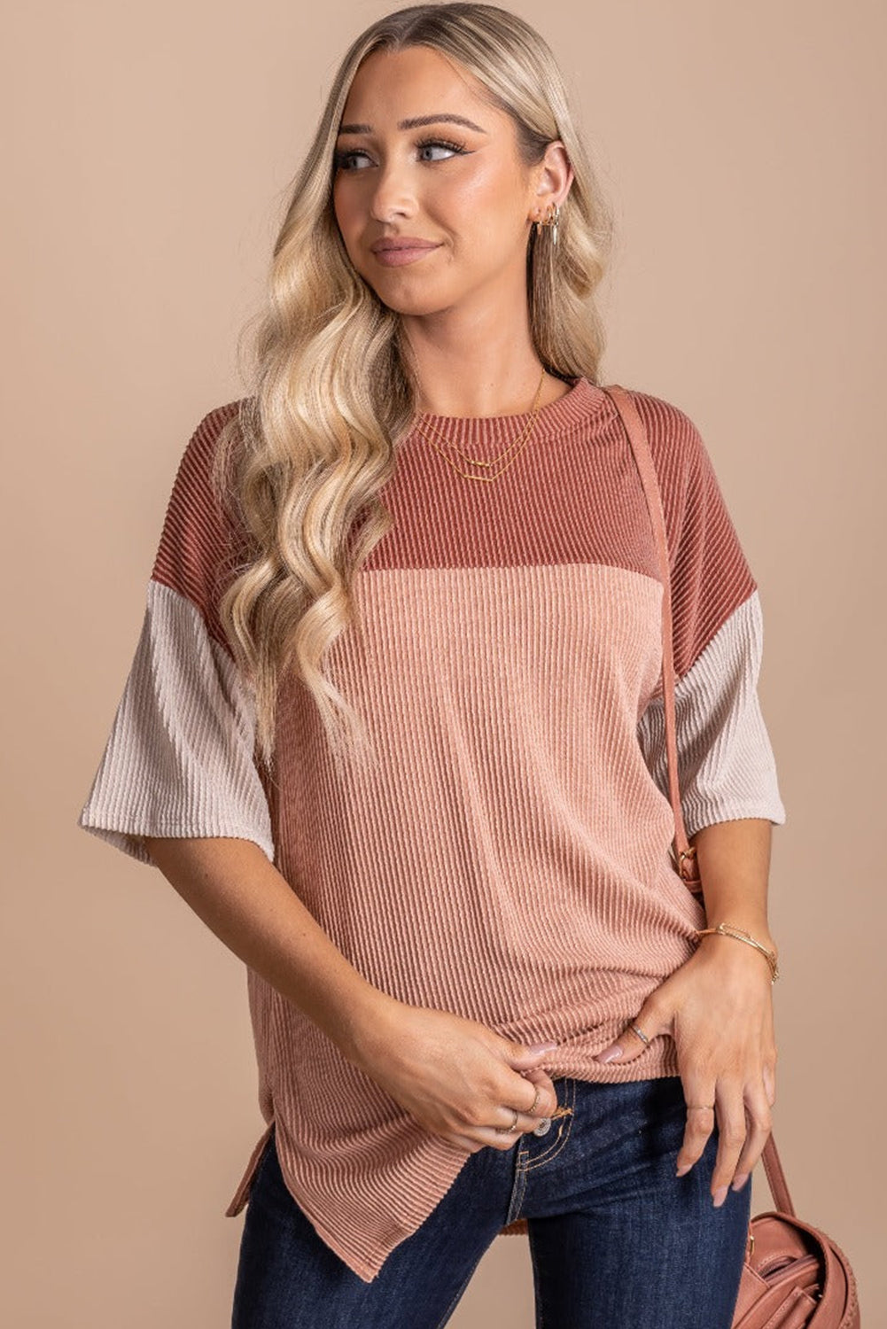 Rose Pink casual-friday-ribbed-color-block-top Plus Size JT's Designer Fashion