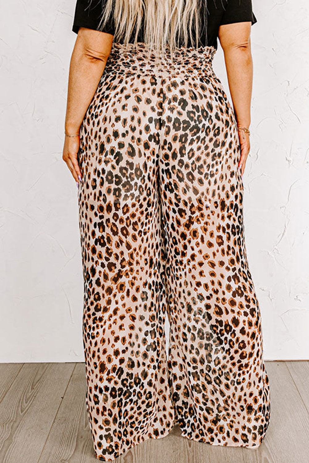 Khaki Plus Size Leopard Frilled Waist Wide Leg Pants Plus Size JT's Designer Fashion