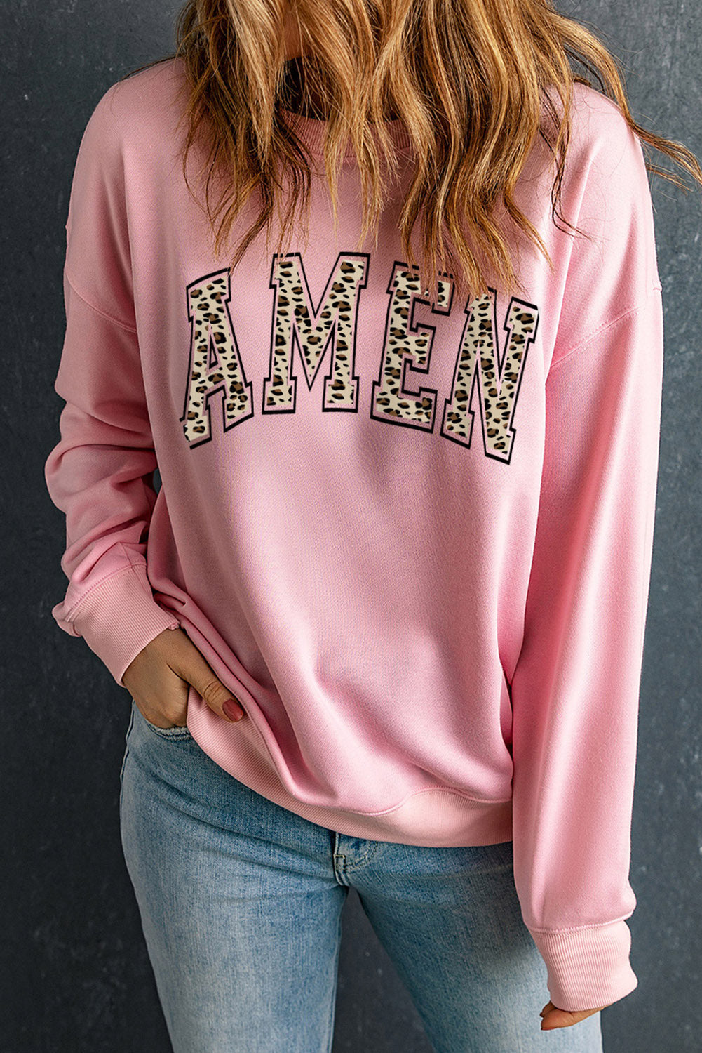 Pink Leopard AMEN Graphic Pullover Sweatshirt Pink 70%Polyester+30%Cotton Graphic Sweatshirts JT's Designer Fashion