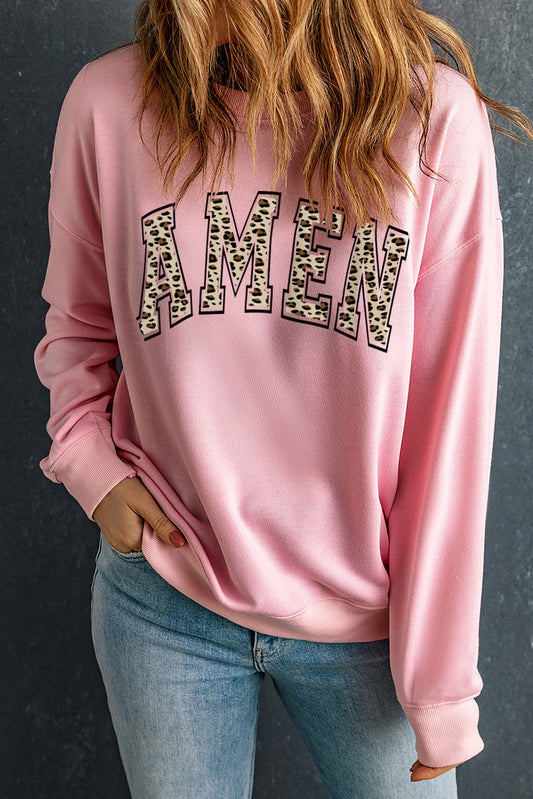 Pink Leopard AMEN Graphic Pullover Sweatshirt Pink 70%Polyester+30%Cotton Graphic Sweatshirts JT's Designer Fashion