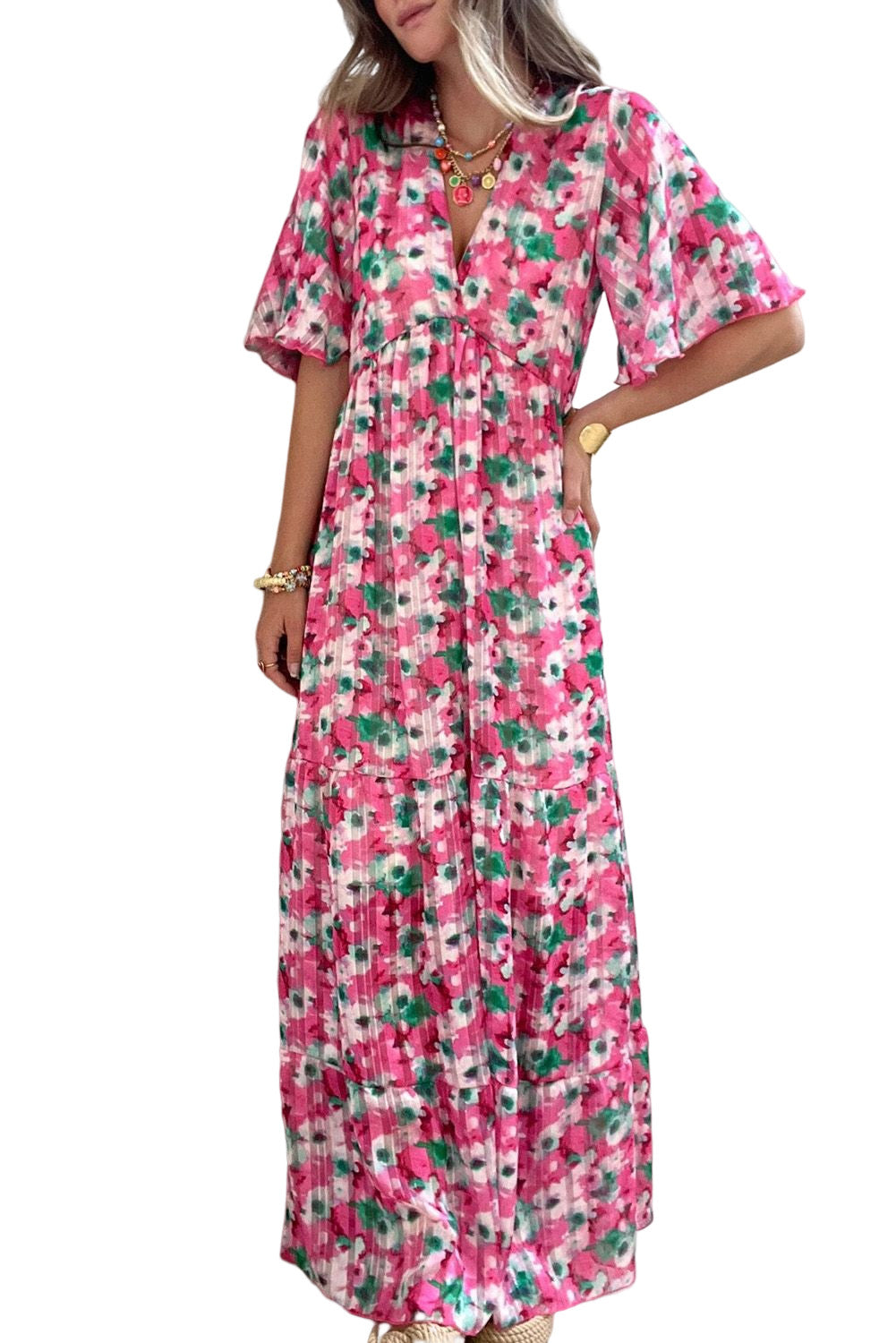 Pink Wide Sleeves Floral Print Maxi Dress Maxi Dresses JT's Designer Fashion