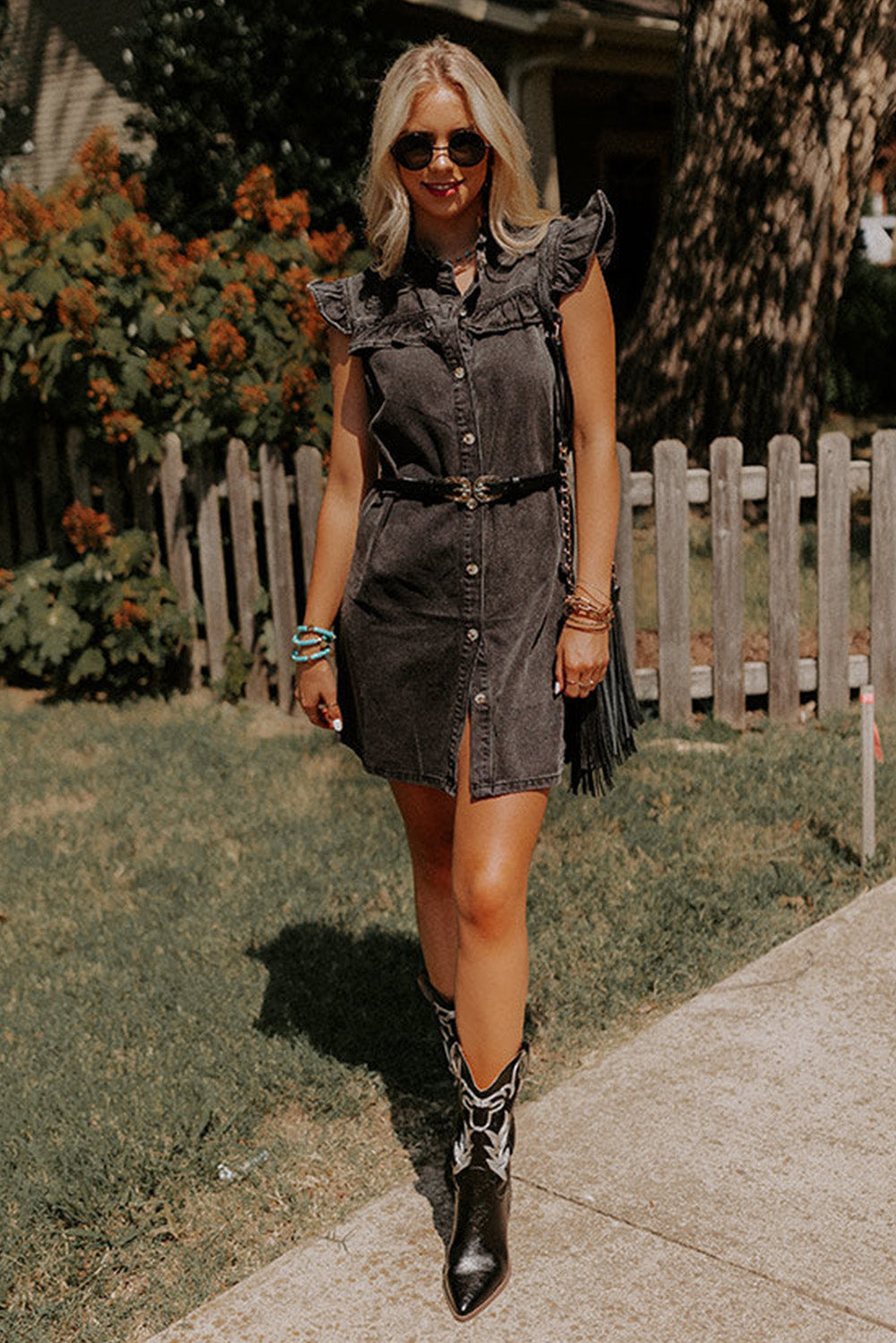 Black Ruffled Cap Sleeves Button Up Denim Dress Mini Dresses JT's Designer Fashion