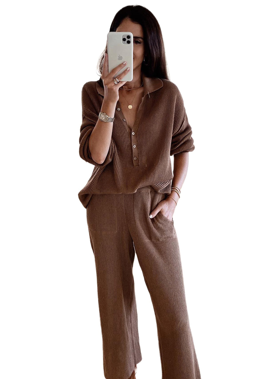 Brown Ribbed Long Sleeve Buttoned Shirt and Pants Lounge Set Loungewear JT's Designer Fashion