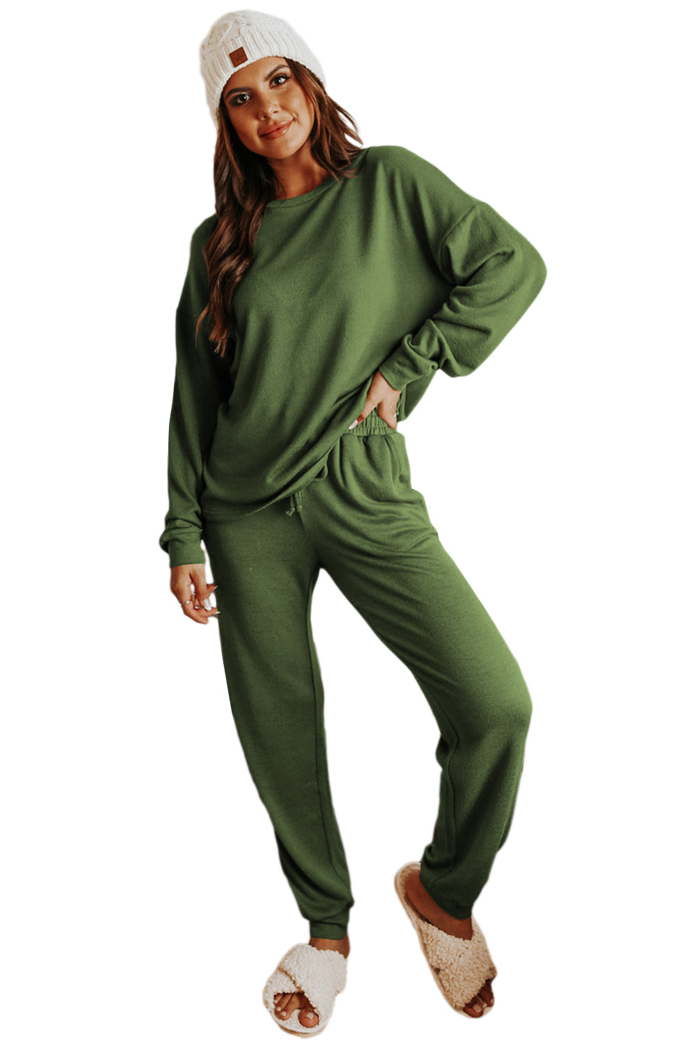 Spinach Green Long Sleeve Pullover and Jogger Pants Lounge Set Bottoms JT's Designer Fashion