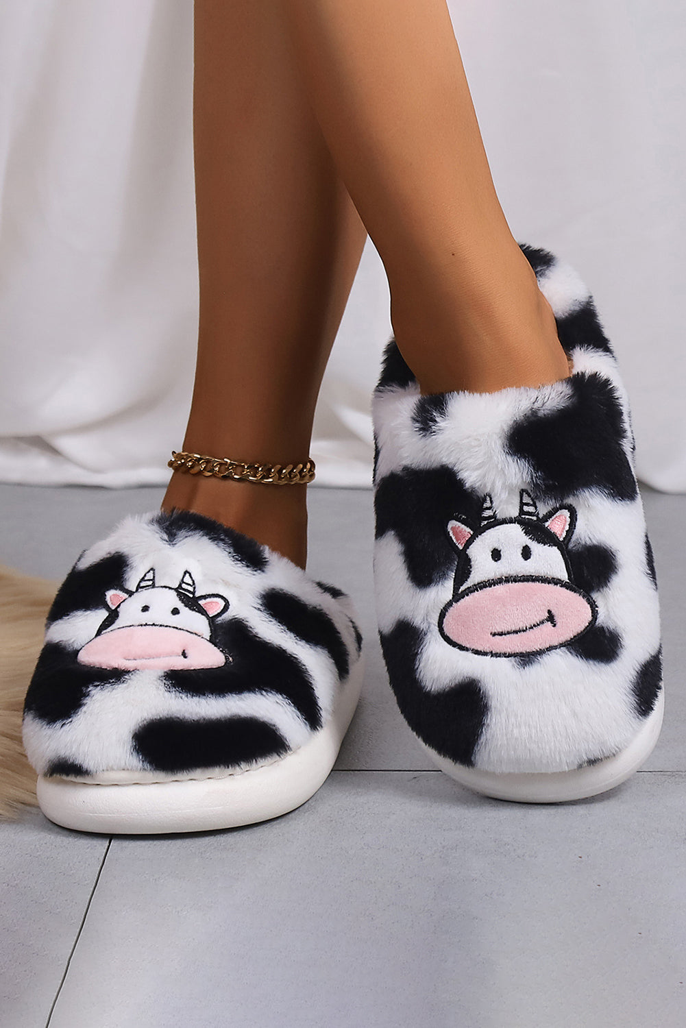 Bright White Cartoon Cow Embroidered Fuzzy Home Slippers Slippers JT's Designer Fashion